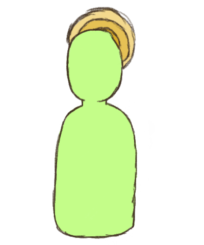 a faceless light green figure with a yellow halo behind them.